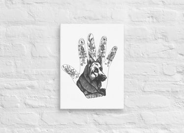 Gepersonaliseerde handomtrek tekening met hond geprint op canvas hangt aan muur
