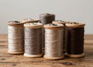 A vertical detail shot of several high-quality wooden spools of thread in varying shades of muted taupe, warm sand, and dark espresso, neatly arranged on a rustic wooden table.
