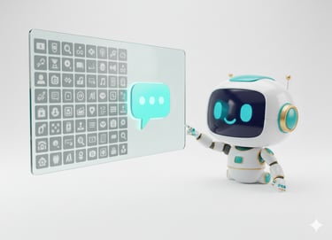 Freundlicher Machine2Mind Roboter zeigt auf ein schwebendes, transparentes Interface