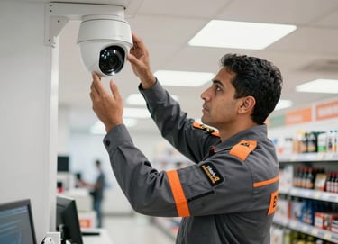 A professional security expert in a charcoal gray uniform with vibrant orange details, expertly adjusting a high-definition dome camera in a bright, modern South American / Brazilian retail space.