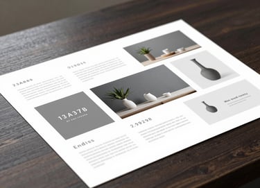 A professional and elegant composition of high-end advertising storyboards laid out on a dark wooden table. Soft shadows, professional lighting, reflecting the #3A3F3B and #9A9E96 palette.