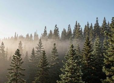 A stunning wide-angle nature shot of a North American / US forest at sunrise. The composition is clean and sophisticated, with soft off-white mist weaving through sage green pine trees under a clear, professional sky.