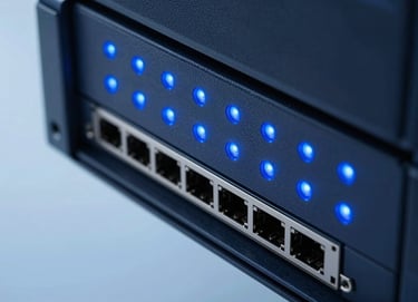 A macro photograph of blue LED indicators on a network server rack. The composition is clean and modern, using dark charcoal navy for the deep shadows and pale arctic sky for the glowing light points. It represents data security and connectivity.