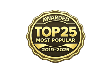 Gold seal emblem for Awarded Top 25 Most Popular 2019-2025 on a black background.