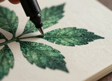 A macro photograph focusing on the fine ink details of a botanical illustration on thick, textured paper. The ink is dark forest green and the paper is a warm creamy off-white. The depth of field is shallow, highlighting the artisan's precision.