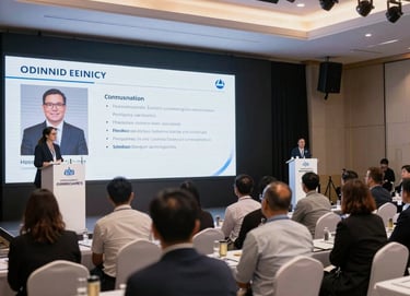 Professional business seminar presentation with a speaker at the podium and seated audience.