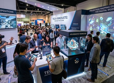 Crowded technology trade show booth featuring VR headsets, holographic displays, and AR product demos.