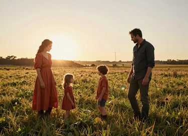 A lifestyle shot of a family playing in a meadow in a Western / Global countryside setting during sunset. The image is sun-drenched with cinematic light flares, featuring natural terracotta and charcoal accents in their clothing.