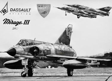 Dessin réaliste en noir et blanc d'un Mirage III