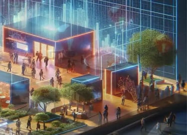 A modern exhibition space featuring interactive displays and informational panels predominantly in g
