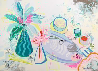 a painting of orchids on a table, tablescape by artist Lena Sin