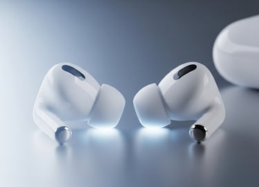 um par de fones de ouvido, sendo um deles branco.