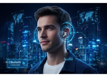 um homem com fones de ouvido Bluetooth e um fone de ouvido Bluetooth