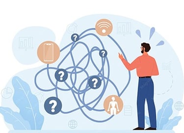 Illustration of a person tangled in complex lines representing the confusion of navigating Chinese e
