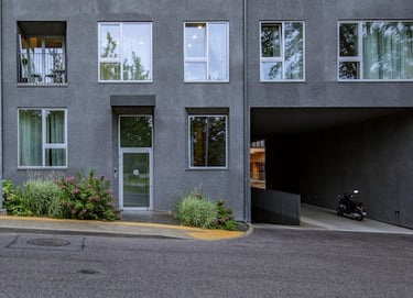 a building with a motorcycle parked in front of it