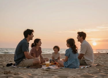A candid, cinematic shot of a family sharing a picnic on a sandy beach. Spontaneous laughter, warm tones of the setting sun, textures of sand (#FDF8F0) and sunset colors (#AD7B5B). Genuine, intimate interaction.