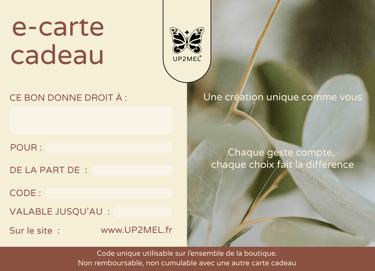 Carte cadeau UP2MEL, design naturel avec feuillage.