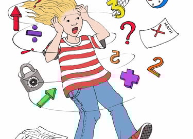Artist: JoEllen Bosson Illustration of girl with numbers, calendars, lock, and clock swirling around