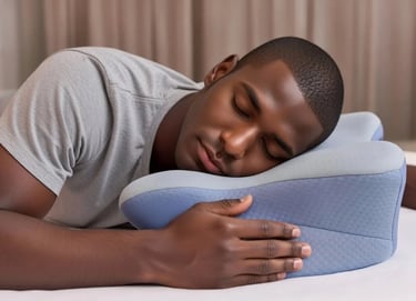 Man resting on an ergonomic pillow in a side-sleep position.