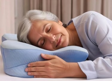 Older woman resting on an ergonomic pillow while sleeping on her side.