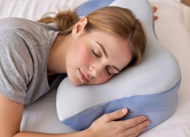 Woman sleeping on her side using a contoured ergonomic pillow.