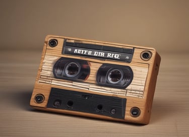 A cozy wooden cassette with a glowing QR code and animated sound waves around it.