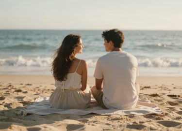 A cinematic shot of a couple sitting on a beach blanket, sharing a quiet moment. The environment is sun-drenched with soft sand colors, and the ocean is a gentle blur in the background. The lighting is golden hour, evoking genuine connection.