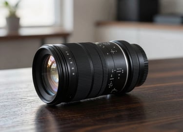 High-end professional camera lens on a dark wood table in a sunlit São Paulo design studio. Sharp reflections, minimalist arrangement, elegant and serene atmosphere with subtle baby blue highlights.