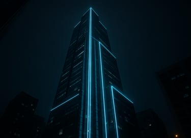 A low-angle cinematic shot of a futuristic skyscraper in a Korean urban district. The architecture is illuminated by vertical cyan light strips against a deep charcoal night sky.