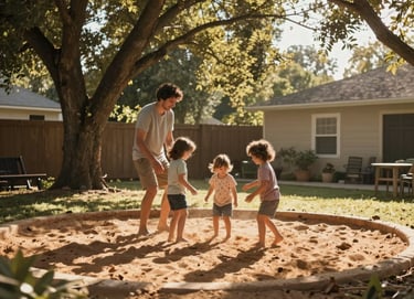 A heartwarming lifestyle shot of a family playing in a North American / US backyard. Sunbeams filter through the trees, casting a golden light. The style is cinematic and authentic, with Terracotta and Soft Sand elements in the environment.