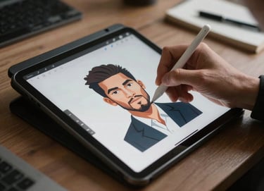 A close-up photograph of a digital artist's hand using a stylus to draw a stylized, professional portrait on a sleek tablet in a creative North American / US studio, with soft ambient light.