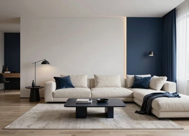 A high-end, photorealistic 3D visualization of a modern minimalist living room in a Baltic apartment. The scene showcases custom-built furniture, sophisticated lighting, and a palette of Off-white and Dark Blue tones.