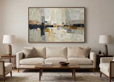 An elegant, uncluttered view of a North American living room featuring a large abstract painting by Allison Egli on the wall. The furniture is mid-century modern in cream and stone tones.