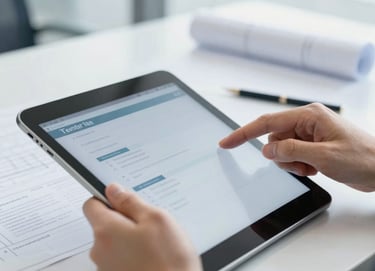 Close-up of hands reviewing tender specifications on a tablet in a bright modern office, blueprints in the soft background, daylight