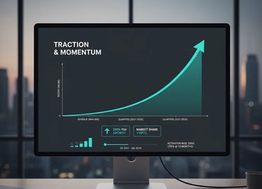 Traction slide mockup with an upward growth curve in a minimalist investor-friendly style.