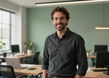 A professional portrait of a design expert in a modern Brazilian studio setting. The atmosphere is professional and contemporary, with natural light filtering through the space. The color palette includes charcoal and sage green accents in a clean, minimalist office.