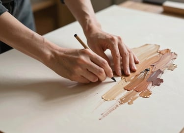 A soulful photograph of a woman's hands working on a large canvas, with soft natural light highlighting the texture of the pale cream paper and vibrant earth-toned strokes.