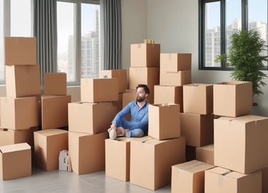 A man sits among a large stack of cardboard moving boxes in a bright, modern apartment room.