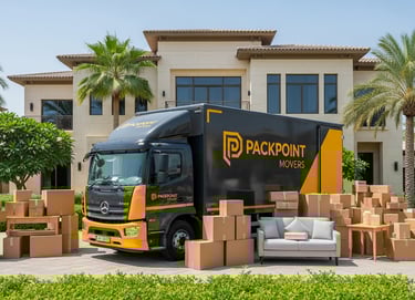Packpoint Movers truck parked outside a luxury villa with cardboard boxes and furniture for residential moving services.