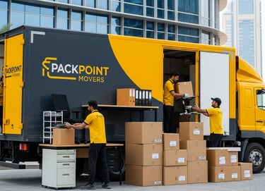 Professional Packpoint Movers loading cardboard boxes and office furniture into a yellow and grey moving truck.