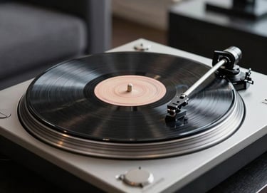 A close-up of a high-end vinyl record spinning on a premium turntable. The scene is set in a modern, dark living space in the US, featuring sleek gray textures and cinematic lighting that emphasizes the movement and quality.