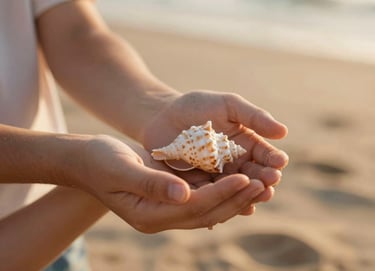 A close-up shot of a father and child's hands holding a small seashell. The background is a soft-focus beach with warm sand tones. The lighting is golden-hour sunlight, creating a warm and heartfelt atmosphere with a shallow depth of field.