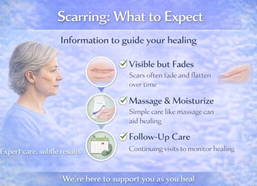 Illustration showing what to expect with scarring after Mohs surgery, including healing