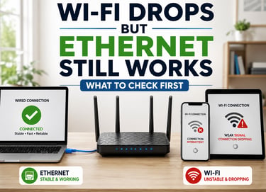Home router with Ethernet laptop showing a stable connection while phone and tablet show weak or dropping Wi-Fi.