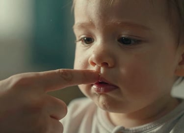 A close-up, cinematic shot of a toddler's hand holding a parent's finger, warm sun-drenched lighting, soft-focus background with hints of teal green foliage, highly emotional and authentic.