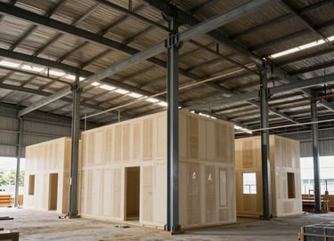 Photography of a large commercial warehouse being converted into an office with steel structures for drywall partitions. Brazilian construction site, professional setting.