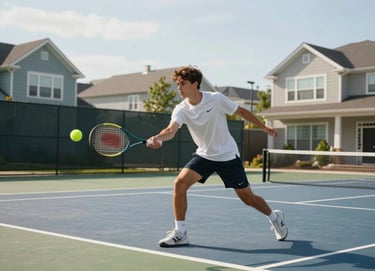 Action shot of a young athlete on a tennis court in a modern North American suburban setting, bright natural light, clean composition focusing on a tennis racket and movement.
