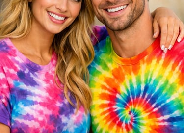 Couple wearing colourful tie-dye T-shirts