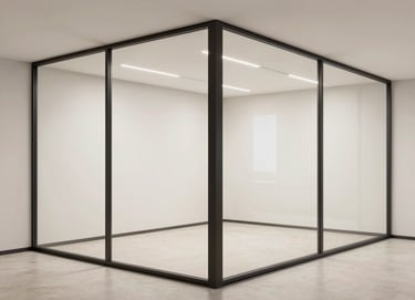 A clean, eye-level shot of a minimalist steel and glass partition wall installed in a high-end office. The steel frames are charcoal black, the glass is crystal clear. The background shows a soft off-white interior with modern architectural lines.
