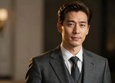 A close-up of Frank Artus dressed in a refined, custom-tailored suit in #1A1C20 charcoal. The shot captures his expressive face and distinguished aura. Soft golden highlights #A88B57 emphasize his features against a dark, out-of-focus background.